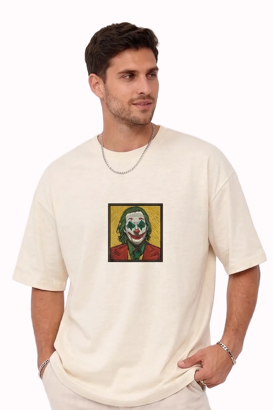 "Anetoonz premium off-white oversized streetwear T-shirt for men with half sleeves and a custom character embroidery design."