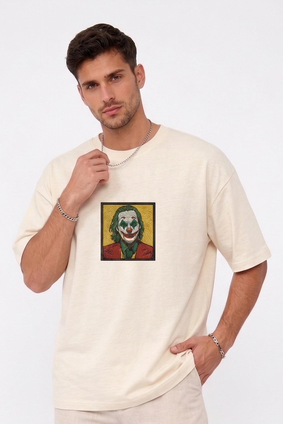 "Anetoonz premium off-white oversized streetwear T-shirt for men with half sleeves and a custom character embroidery design."