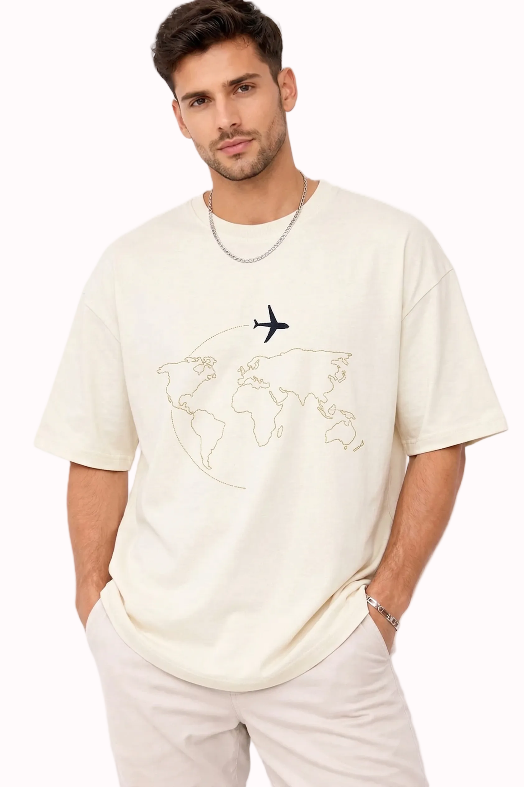 "Anetoonz premium off-white oversized streetwear T-shirt for men with half sleeves and custom travel-themed world map embroidery."