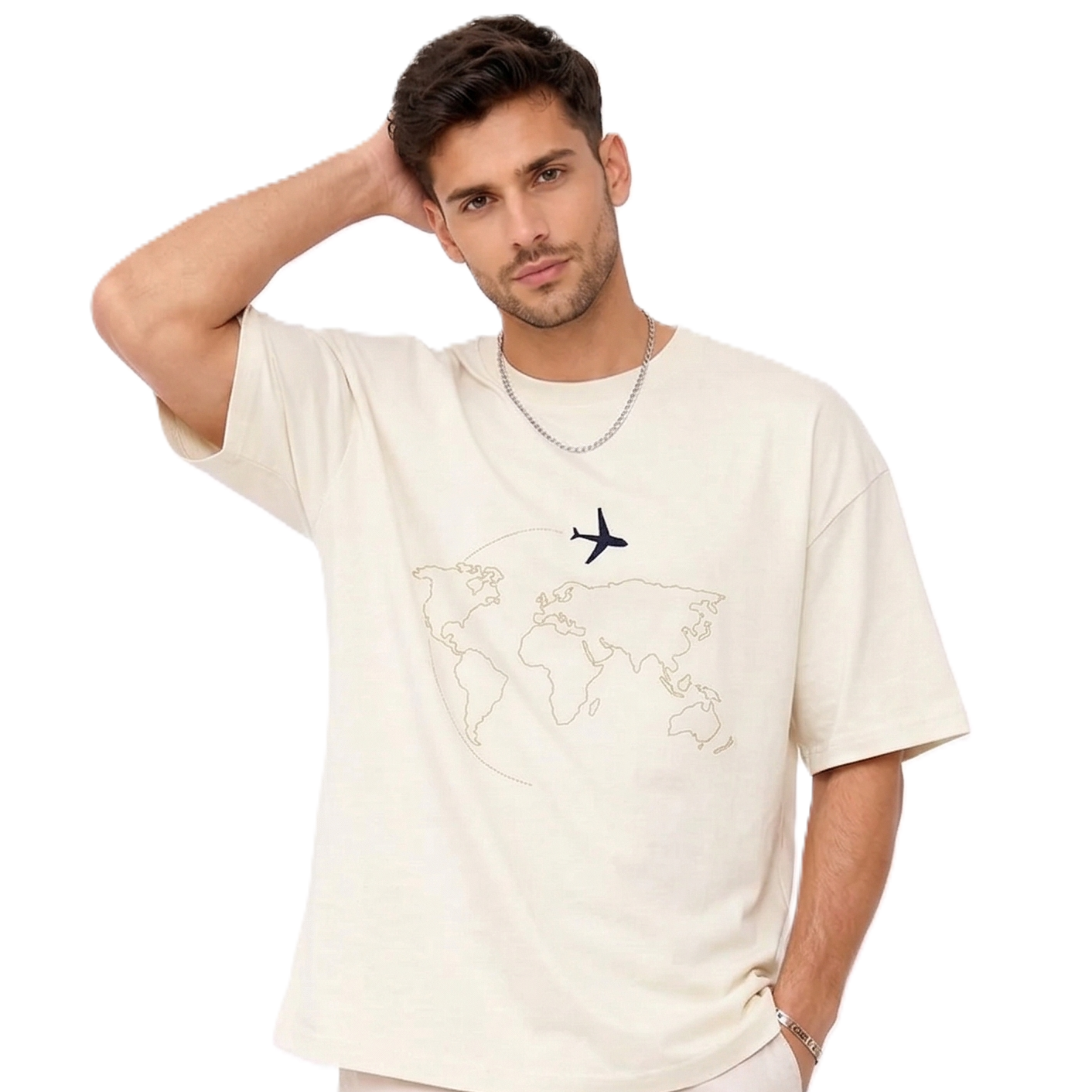 "Anetoonz premium off-white oversized streetwear T-shirt for men with half sleeves and custom travel-themed world map embroidery."