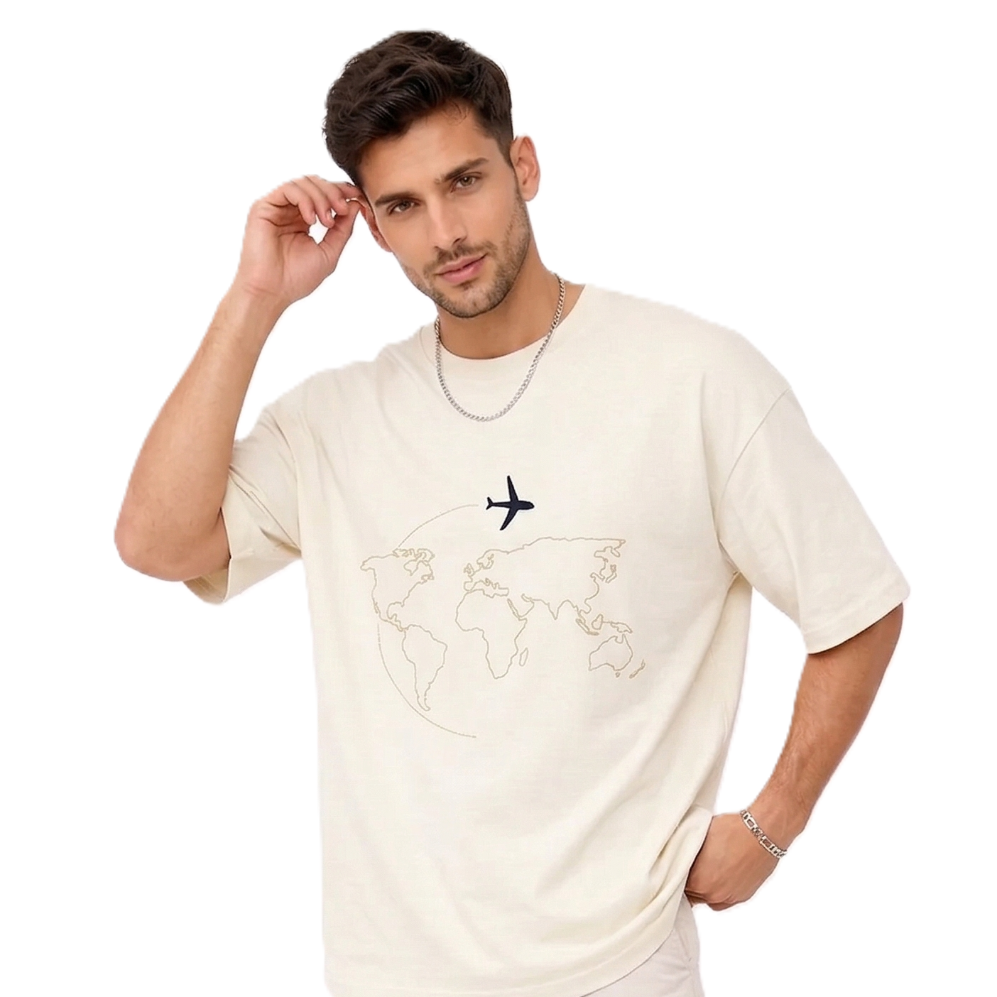 "Anetoonz premium off-white oversized streetwear T-shirt for men with half sleeves and custom travel-themed world map embroidery."