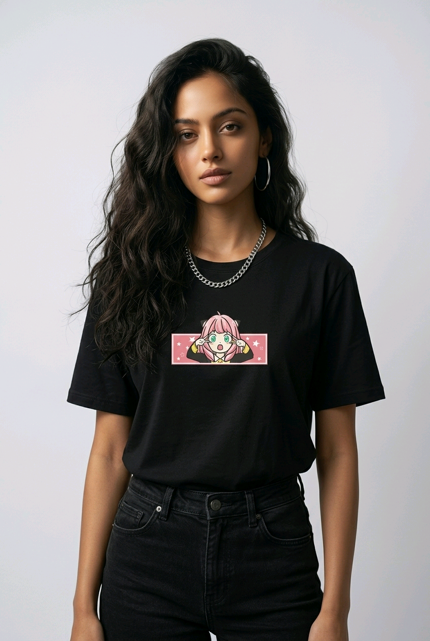 E-commerce product photo of an Indian model in a premium black streetwear t-shirt with detailed custom anime embroidery and a relaxed fit.