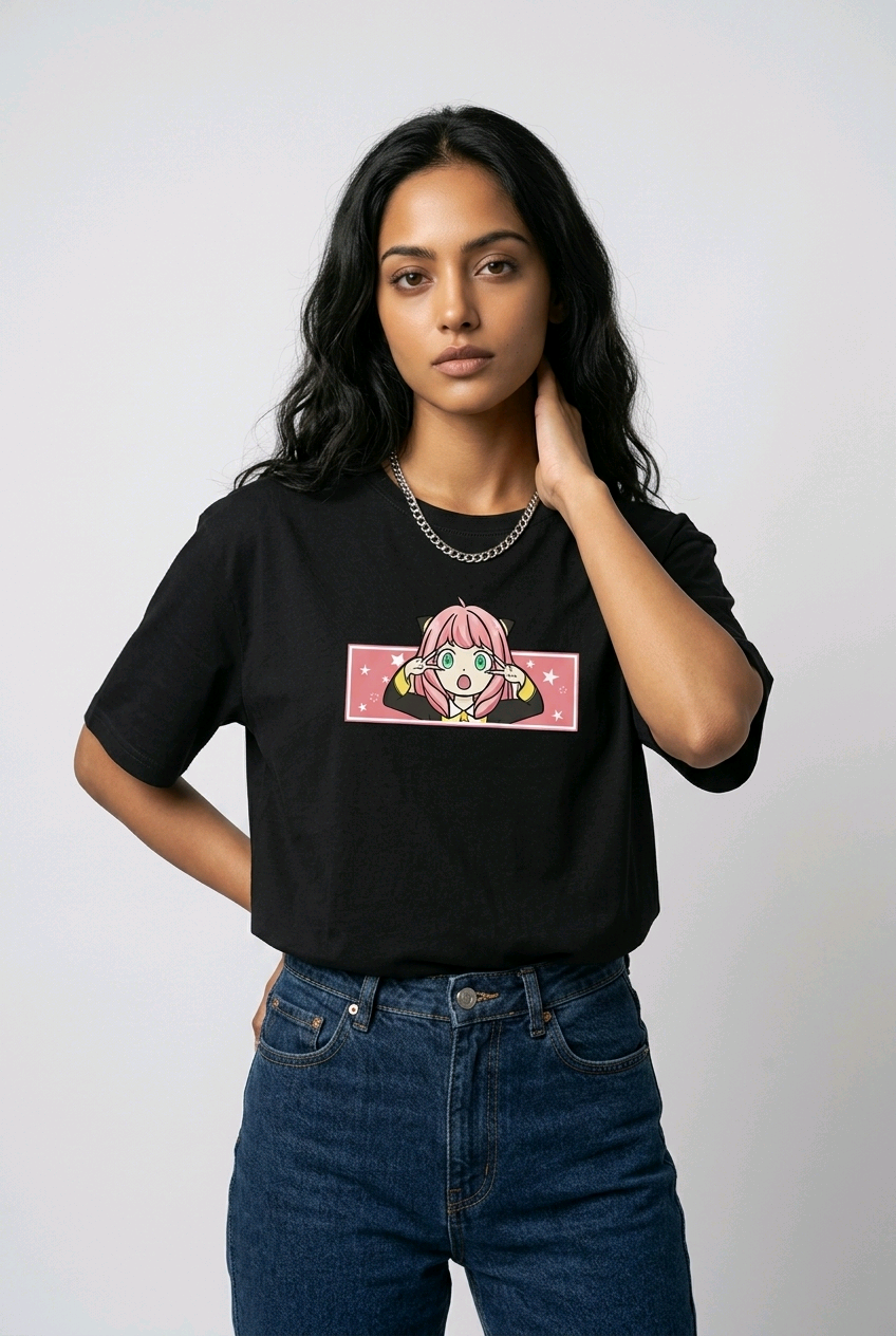 E-commerce product photo of an Indian model in a premium black streetwear t-shirt with detailed custom anime embroidery and a relaxed fit.