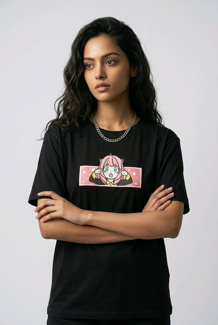 E-commerce product photo of an Indian model in a premium black streetwear t-shirt with detailed custom anime embroidery and a relaxed fit.