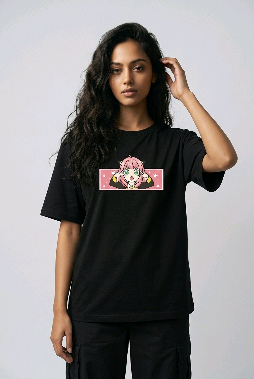 E-commerce product photo of an Indian model in a premium black streetwear t-shirt with detailed custom anime embroidery and a relaxed fit.