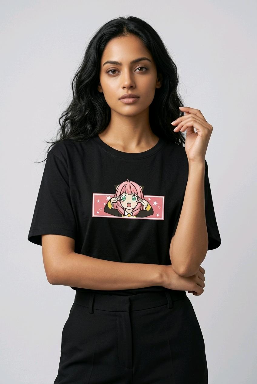 E-commerce product photo of an Indian model in a premium black streetwear t-shirt with detailed custom anime embroidery and a relaxed fit.