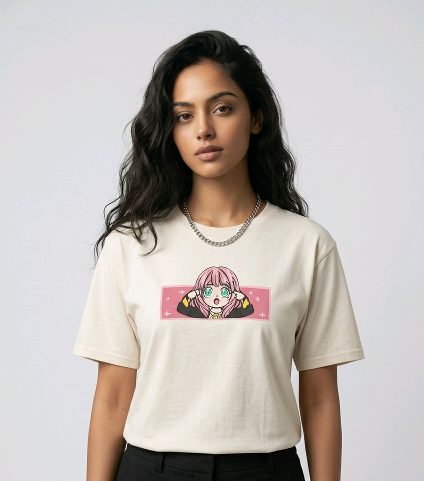 E-commerce product shot of an Indian model in a premium off-white streetwear t-shirt with detailed custom anime embroidery and a silver chain necklace.