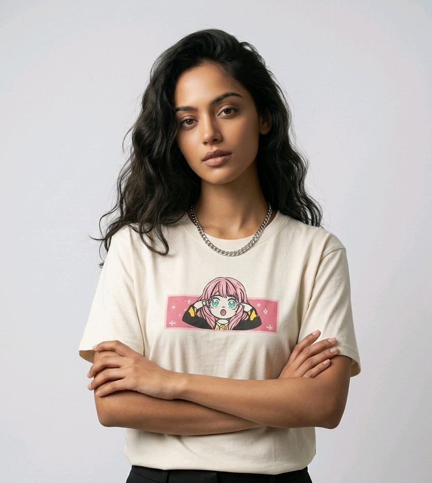 E-commerce product shot of an Indian model in a premium off-white streetwear t-shirt with detailed custom anime embroidery and a silver chain necklace.