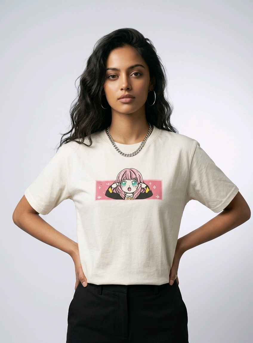 E-commerce product shot of an Indian model in a premium off-white streetwear t-shirt with detailed custom anime embroidery and a silver chain necklace.