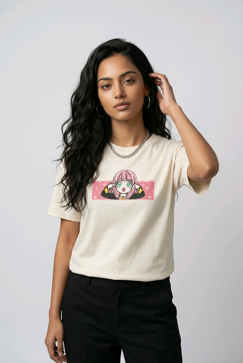 E-commerce product shot of an Indian model in a premium off-white streetwear t-shirt with detailed custom anime embroidery and a silver chain necklace.