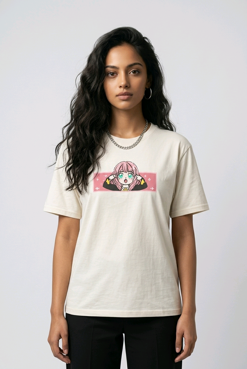 E-commerce product shot of an Indian model in a premium off-white streetwear t-shirt with detailed custom anime embroidery and a silver chain necklace.
