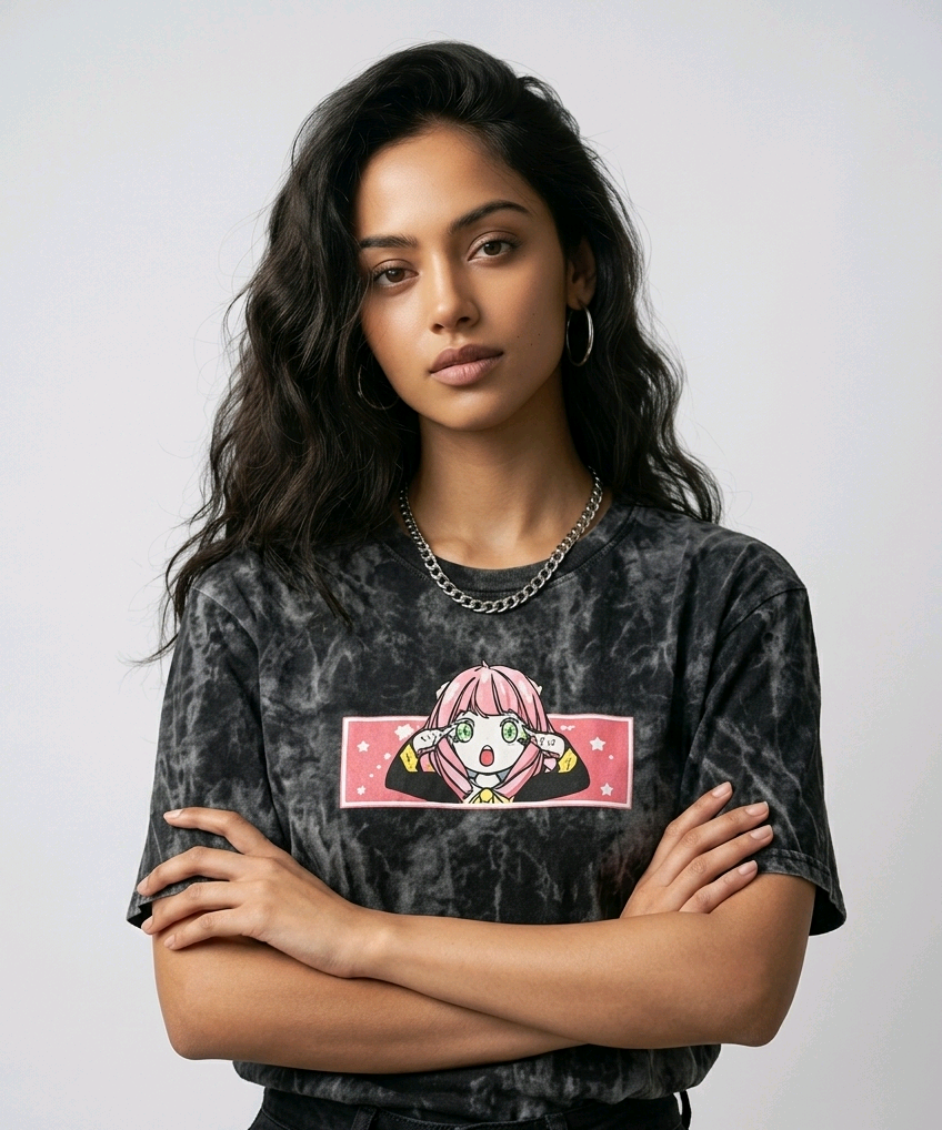 Fashion e-commerce shot of an Indian model in an acid-wash streetwear t-shirt with custom anime embroidery and a silver chain necklace.