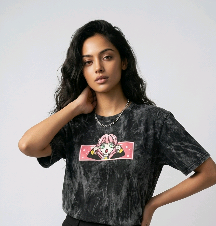 
Fashion e-commerce shot of an Indian model in an acid-wash streetwear t-shirt with custom anime embroidery and a silver chain necklace.