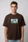 Front view of a brown heavyweight T-shirt showcasing a high-quality embroidered scene of the Pokémon Blastoise.