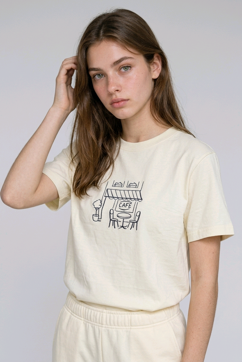 wearing a cream-colored, crew-neck t-shirt. The center of the chest features a minimalist black line-art embroidery depicting a classic cafe storefront.