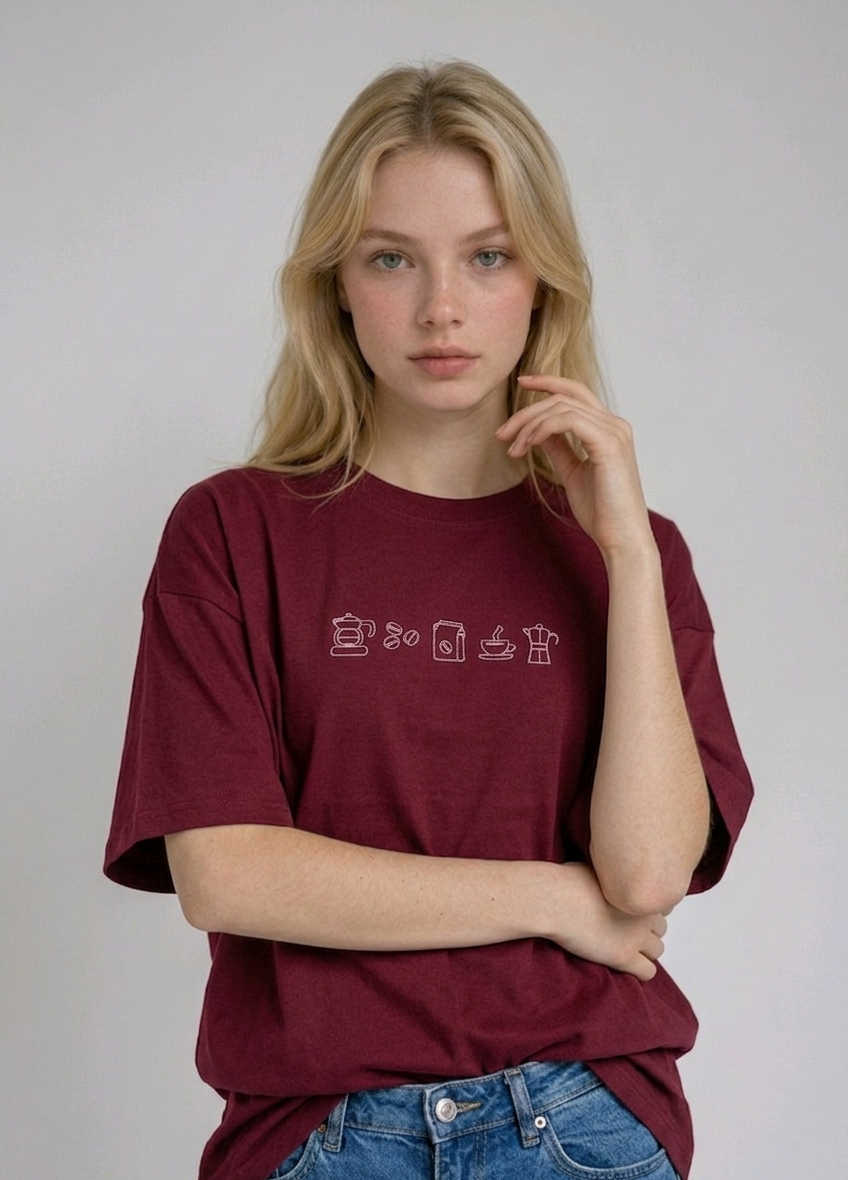 wearing an oversized, half-sleeved heavyweight cotton t-shirt. The chest features high-density direct embroidery of five minimalist coffee-themed icons in a horizontal row, including a French press, coffee beans, a coffee bag, a steaming cup, and a moka pot.
