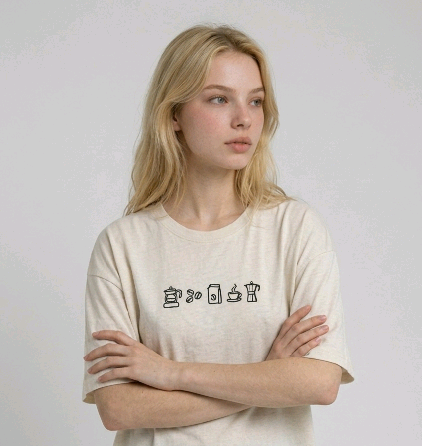 wearing an oversized, half-sleeved heavyweight cotton t-shirt. The chest features high-density direct embroidery of five minimalist coffee-themed icons in a horizontal row, including a French press, coffee beans, a coffee bag, a steaming cup, and a moka pot.
