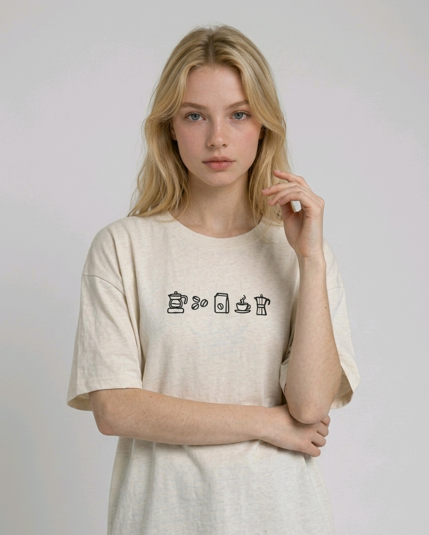 wearing an oversized, half-sleeved heavyweight cotton t-shirt. The chest features high-density direct embroidery of five minimalist coffee-themed icons in a horizontal row, including a French press, coffee beans, a coffee bag, a steaming cup, and a moka pot.
