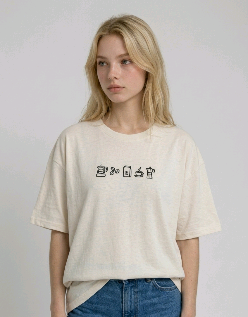 wearing an oversized, half-sleeved heavyweight cotton t-shirt. The chest features high-density direct embroidery of five minimalist coffee-themed icons in a horizontal row, including a French press, coffee beans, a coffee bag, a steaming cup, and a moka pot.
