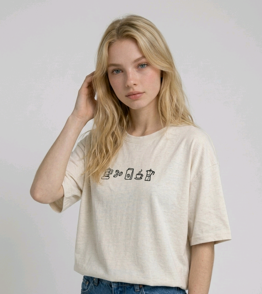 wearing an oversized, half-sleeved heavyweight cotton t-shirt. The chest features high-density direct embroidery of five minimalist coffee-themed icons in a horizontal row, including a French press, coffee beans, a coffee bag, a steaming cup, and a moka pot.
