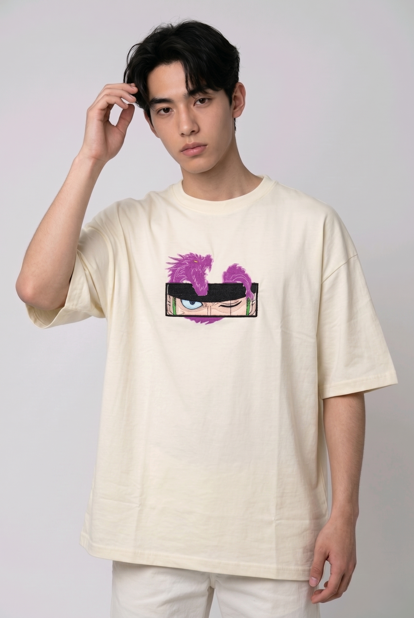 Anime Embroidery T-shirt, Oversized Streetwear Tee, Custom Graphic Apparel, Direct Embroidery Shirt, Purple Dragon Eye Design.