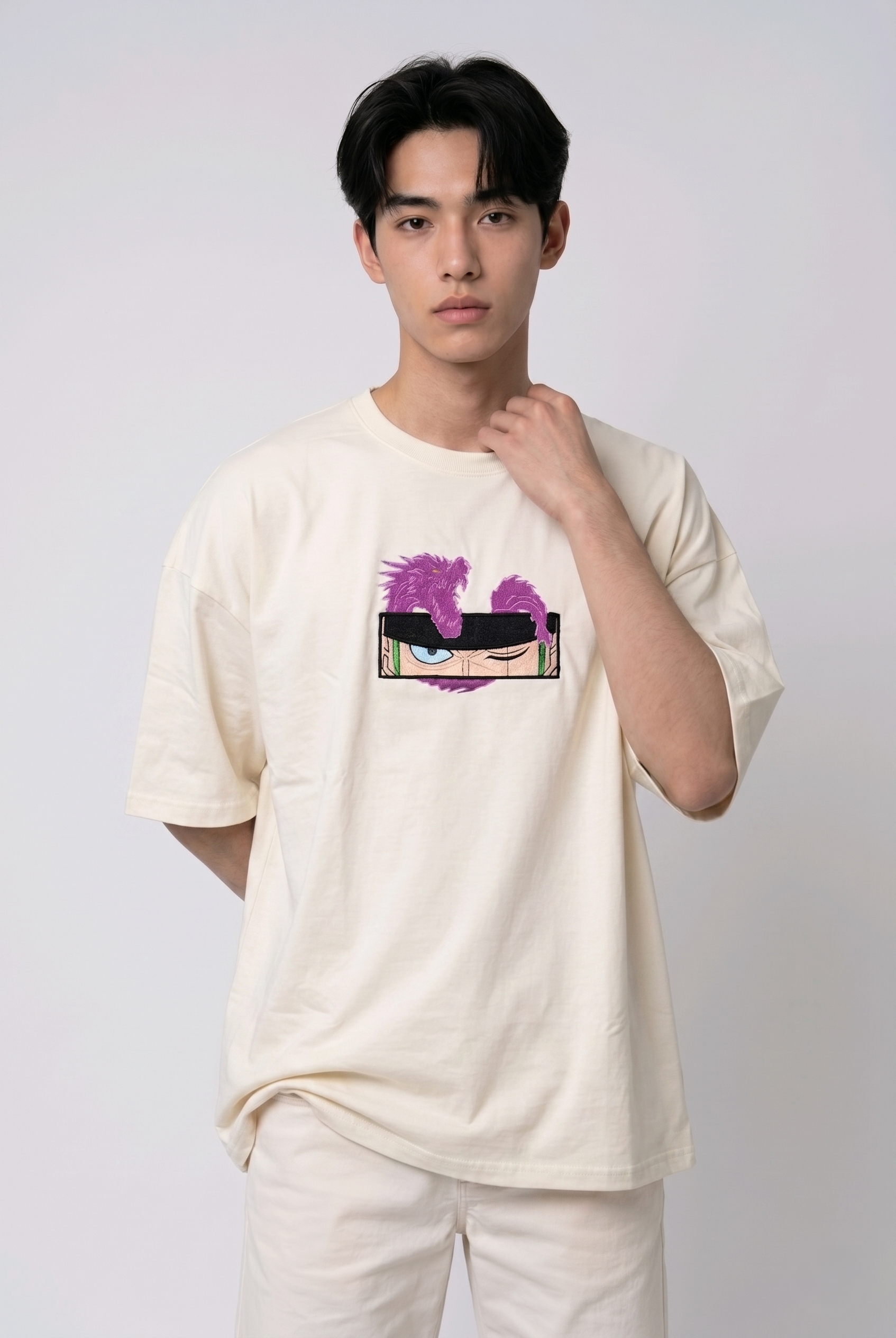 Anime Embroidery T-shirt, Oversized Streetwear Tee, Custom Graphic Apparel, Direct Embroidery Shirt, Purple Dragon Eye Design.