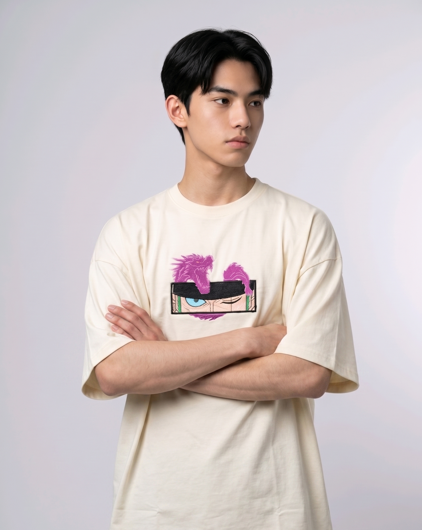 Anime Embroidery T-shirt, Oversized Streetwear Tee, Custom Graphic Apparel, Direct Embroidery Shirt, Purple Dragon Eye Design.