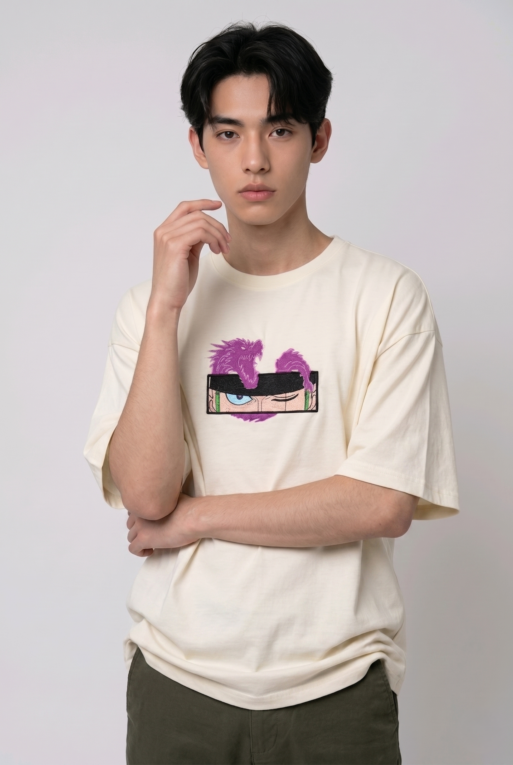 Anime Embroidery T-shirt, Oversized Streetwear Tee, Custom Graphic Apparel, Direct Embroidery Shirt, Purple Dragon Eye Design.