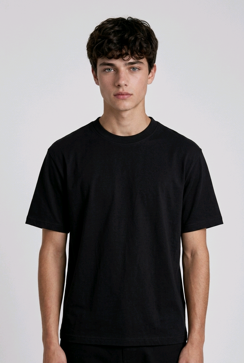 A male model from the back, wearing a black oversized t-shirt with a large, detailed embroidery design.
