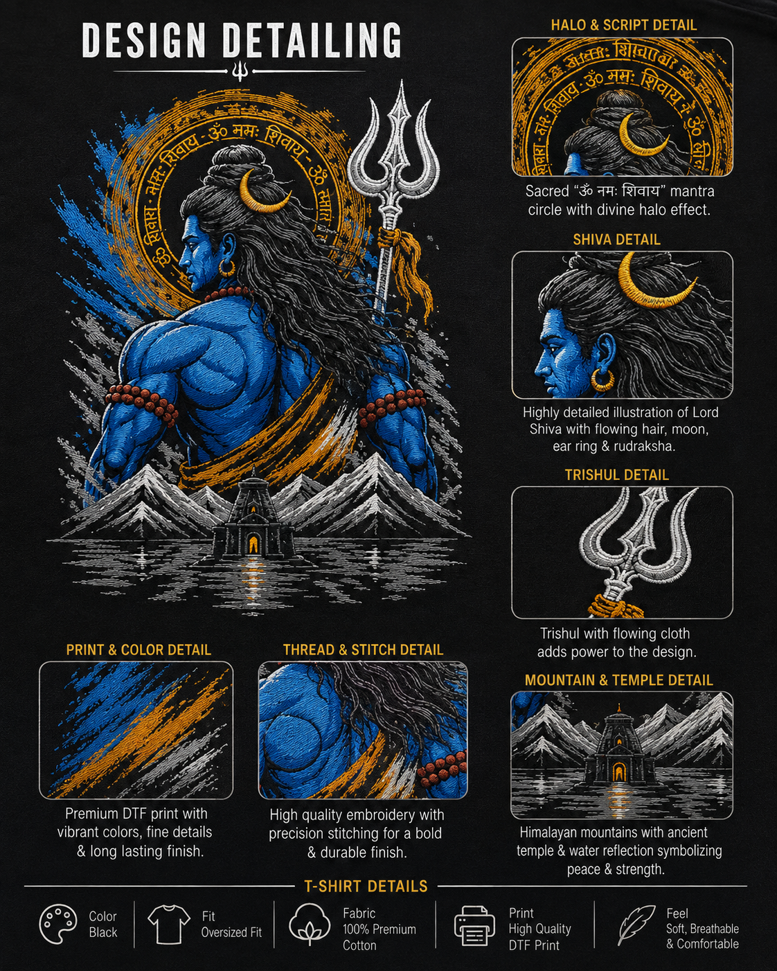 Lord Shiva Embroidered Oversized T-Shirt for Men BLACK | Spiritual Streetwear Tee