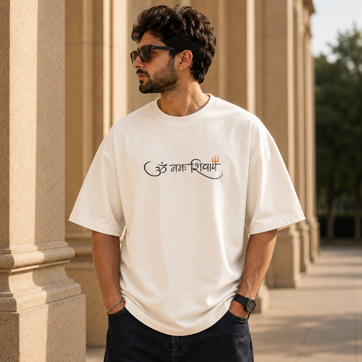 Lord Shiva Embroidered Oversized T-Shirt for Men Off- White| Spiritual Streetwear Tee