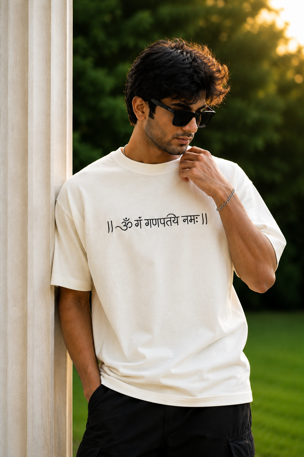 Lord Ganesha's Embroidered Oversized T-Shirt for Men Off-White | Spiritual Streetwear Tee