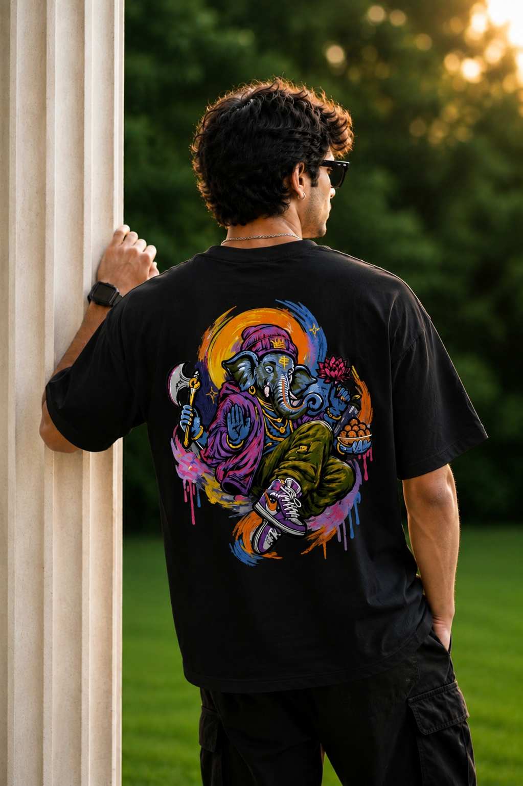 Lord Ganesha's Embroidered Oversized T-Shirt for Men BLACK | Spiritual Streetwear Tee