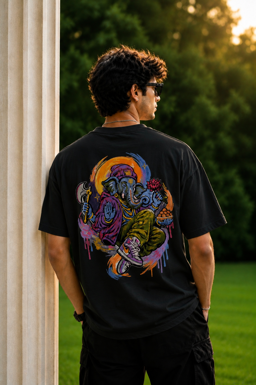 Lord Ganesha's Embroidered Oversized T-Shirt for Men BLACK | Spiritual Streetwear Tee