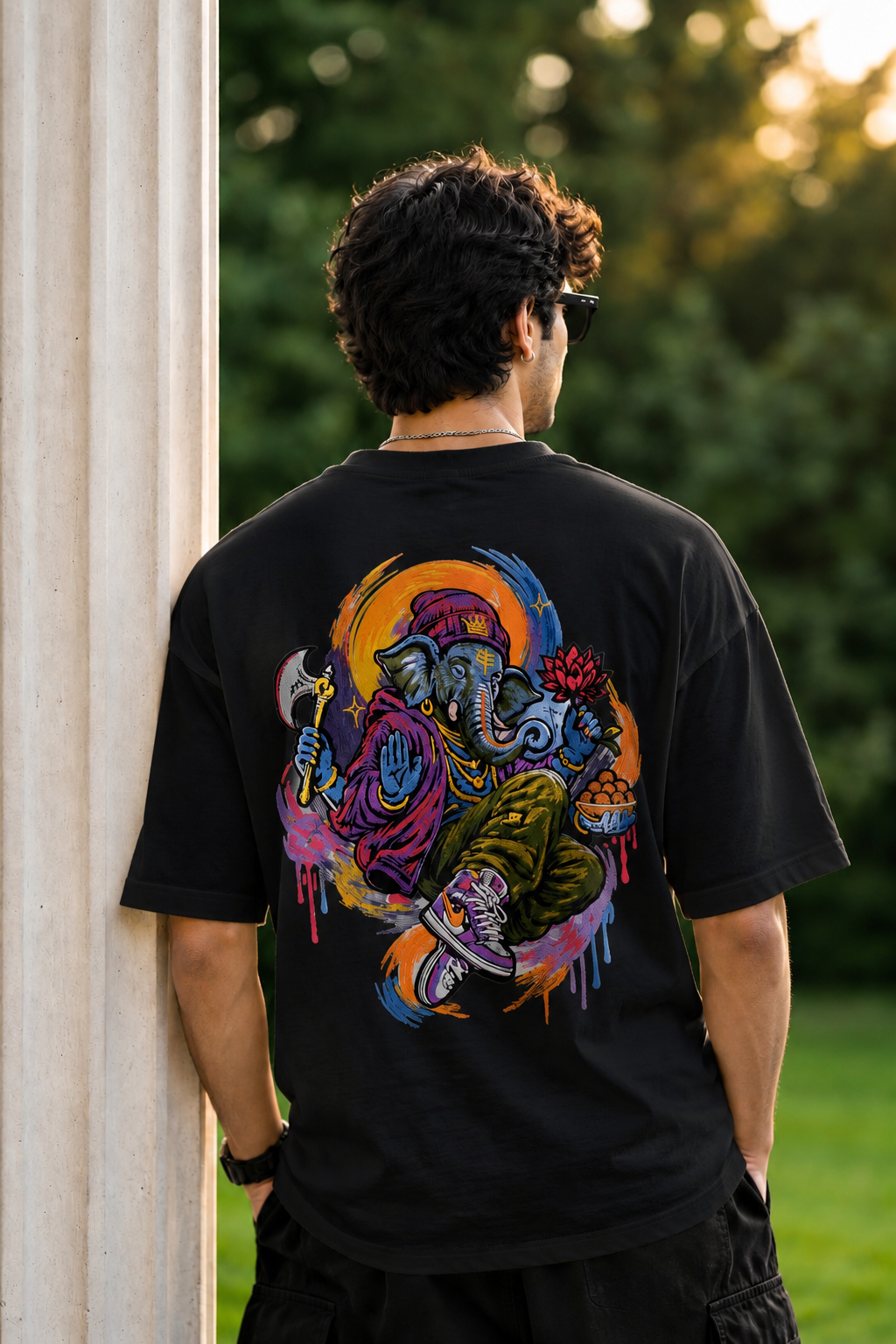 Lord Ganesha's Embroidered Oversized T-Shirt for Men BLACK | Spiritual Streetwear Tee