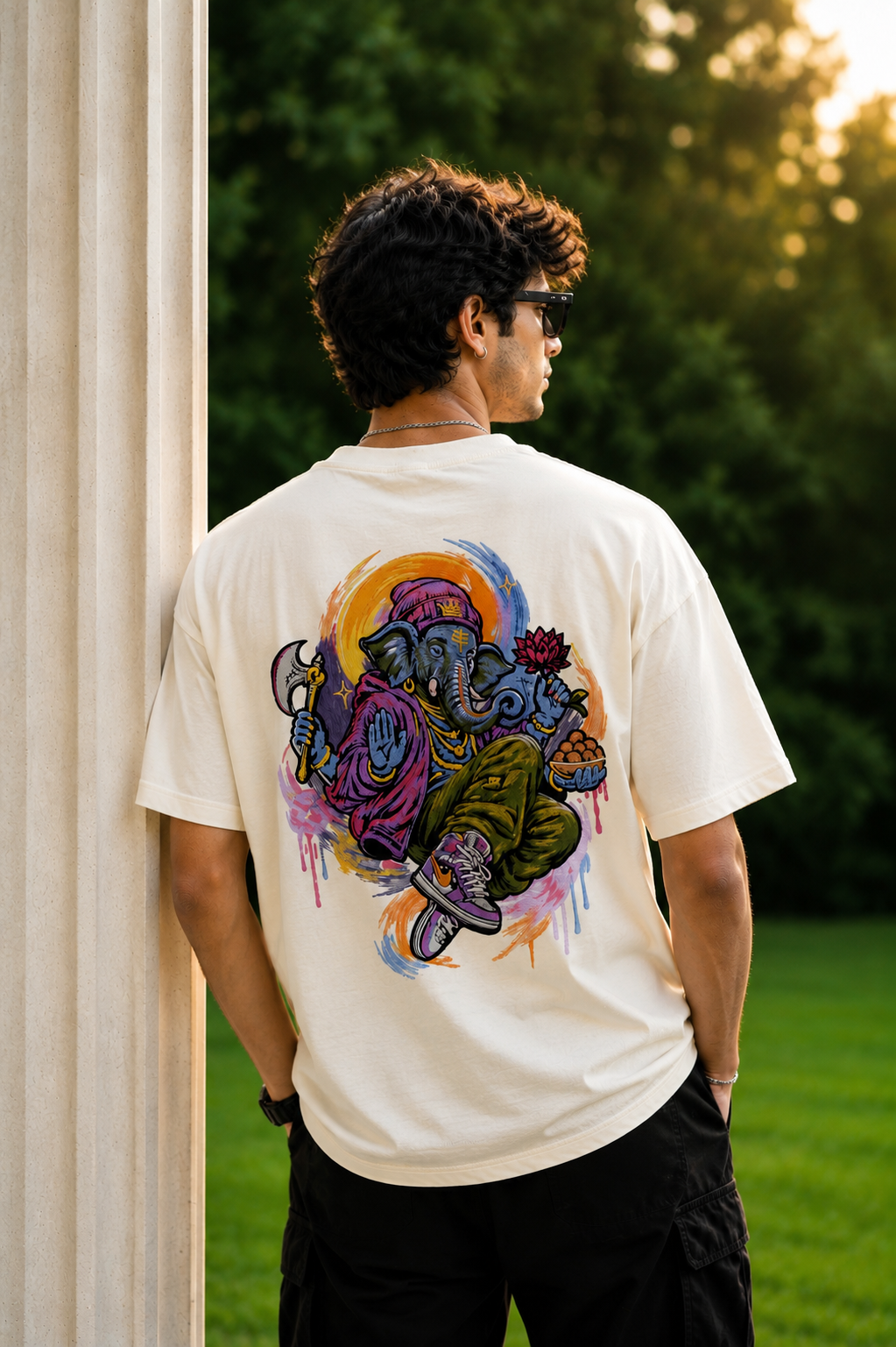 Lord Ganesha's Embroidered Oversized T-Shirt for Men Off-White | Spiritual Streetwear Tee