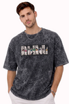 "Anetoonz premium streetwear: oversized acid-wash black T-shirt for men featuring custom anime-themed embroidery and half sleeves.