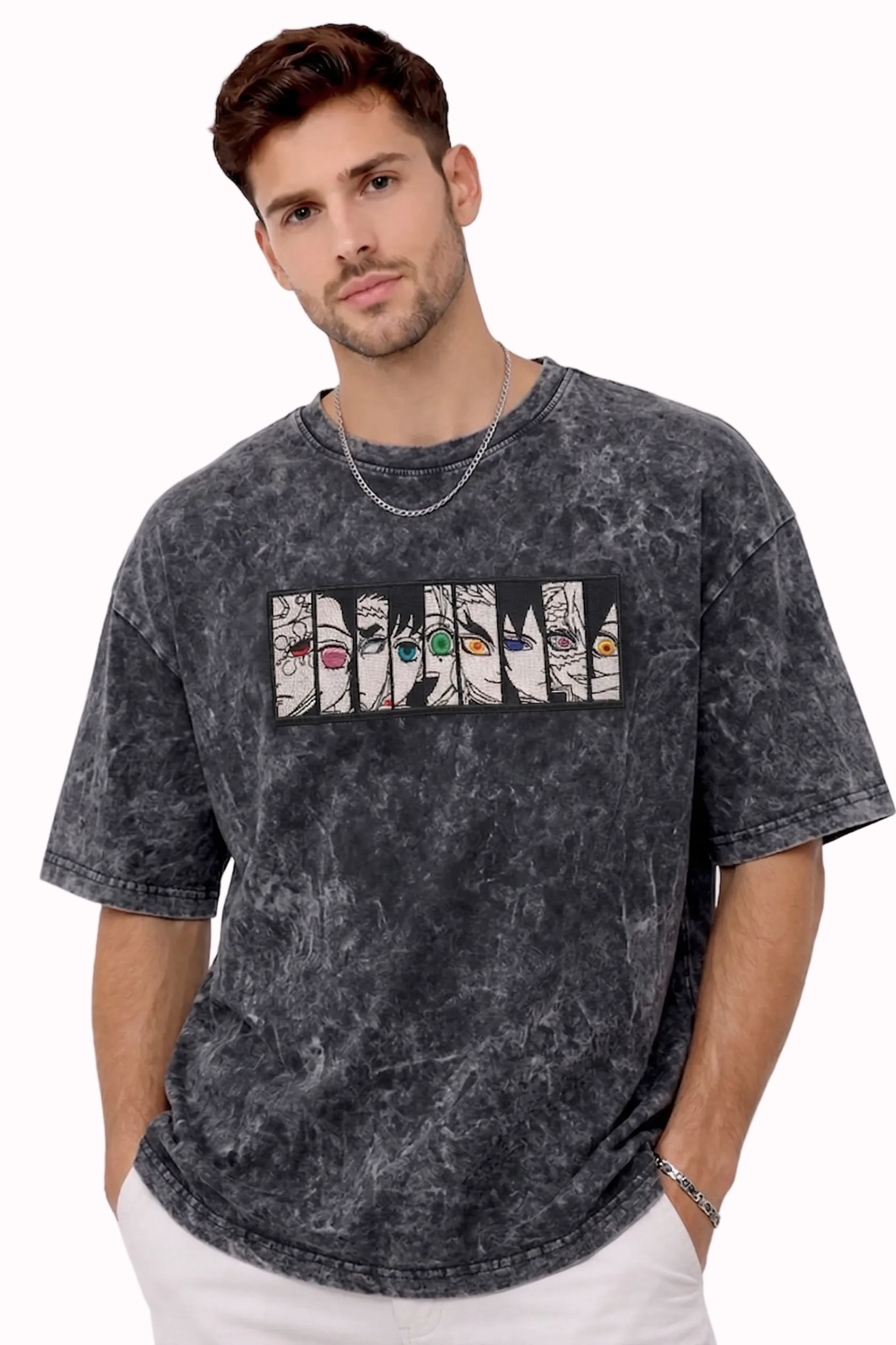 "Anetoonz premium streetwear: oversized acid-wash black T-shirt for men featuring custom anime-themed embroidery and half sleeves.