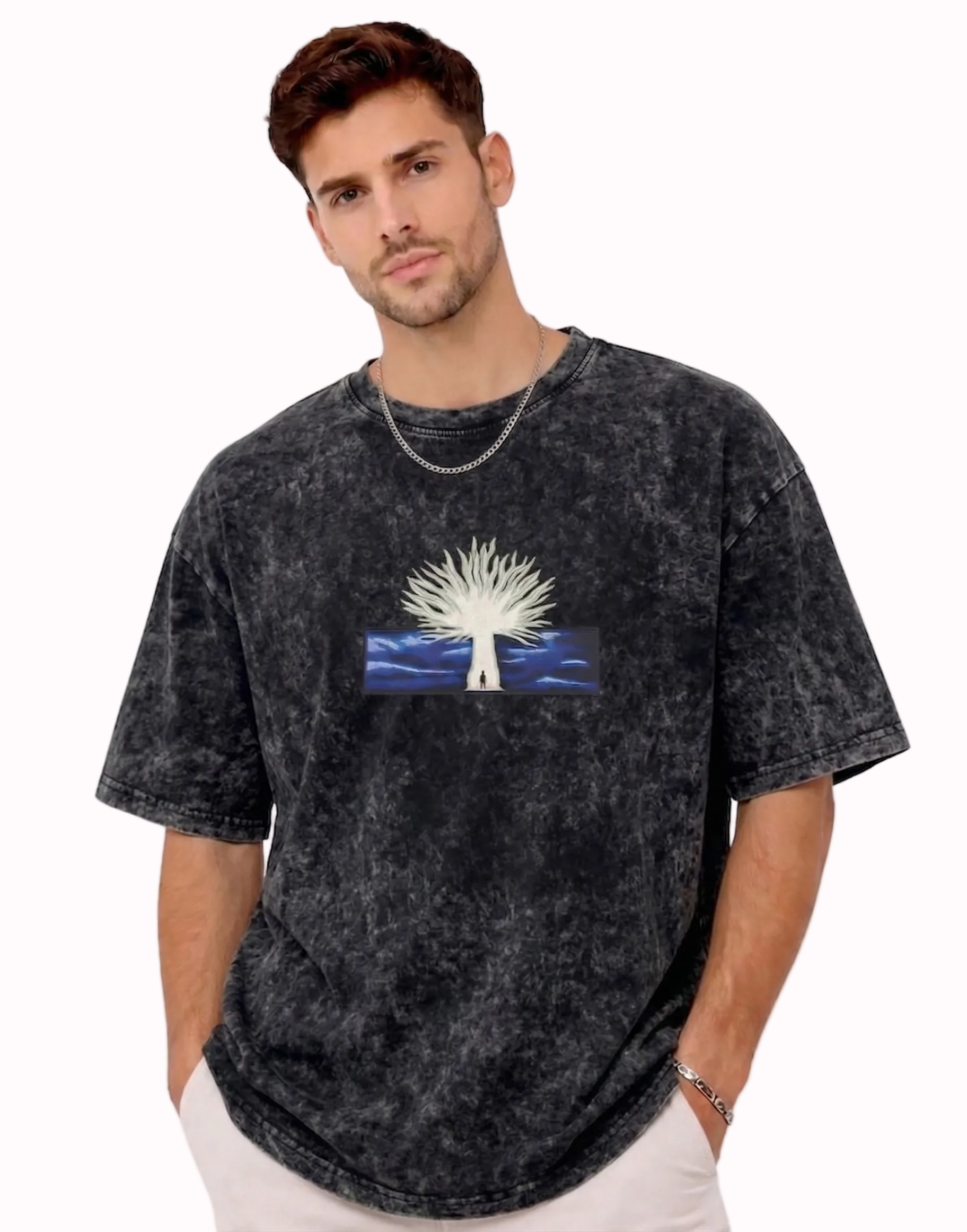 "Anetoonz premium streetwear: oversized acid-wash black T-shirt for men featuring custom anime-inspired embroidery and half sleeves."