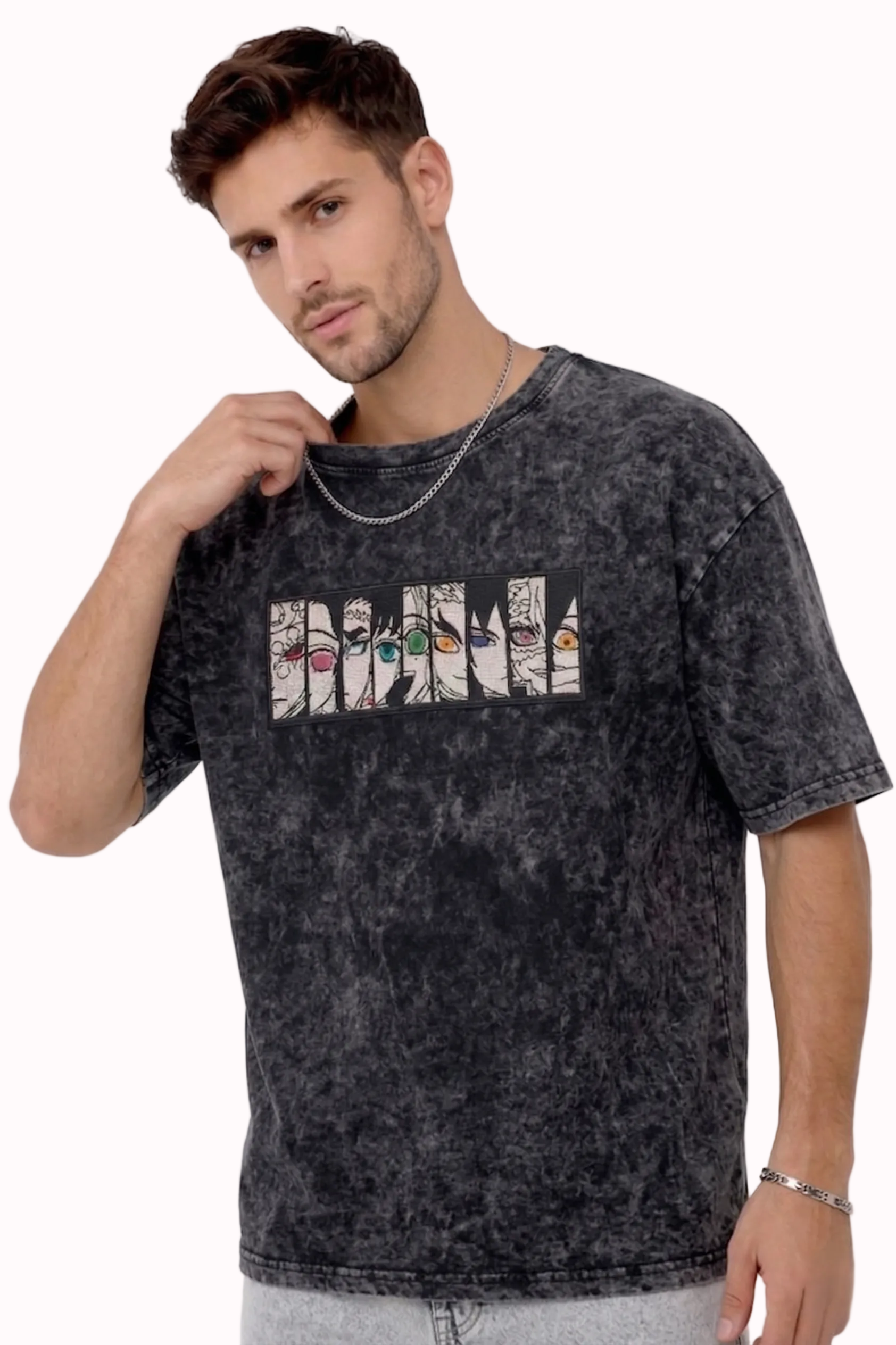 "Anetoonz premium streetwear: oversized acid-wash black T-shirt for men featuring custom anime-themed embroidery and half sleeves."