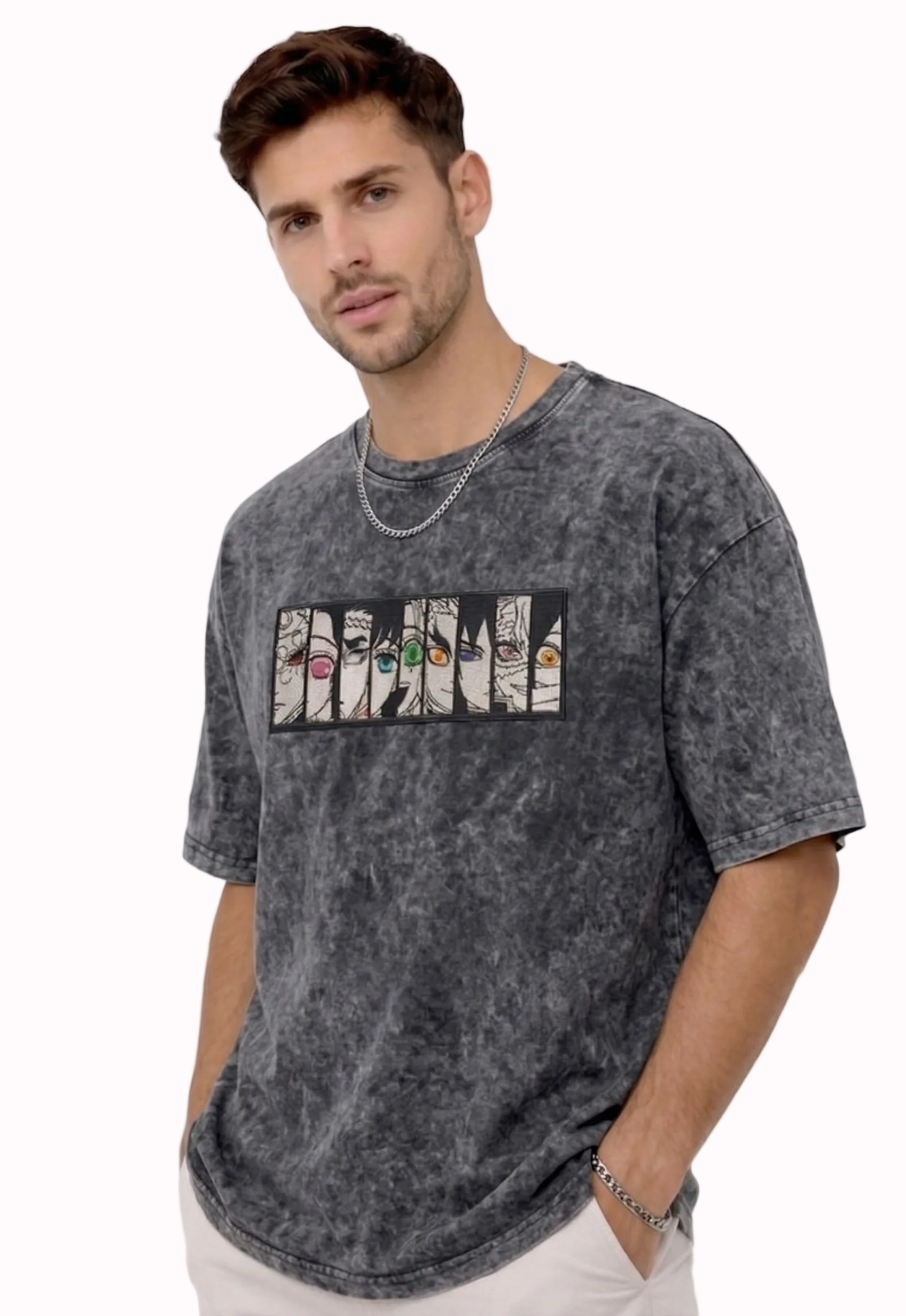 "Anetoonz premium streetwear: oversized acid-wash black T-shirt for men featuring custom anime-themed embroidery and half sleeves."