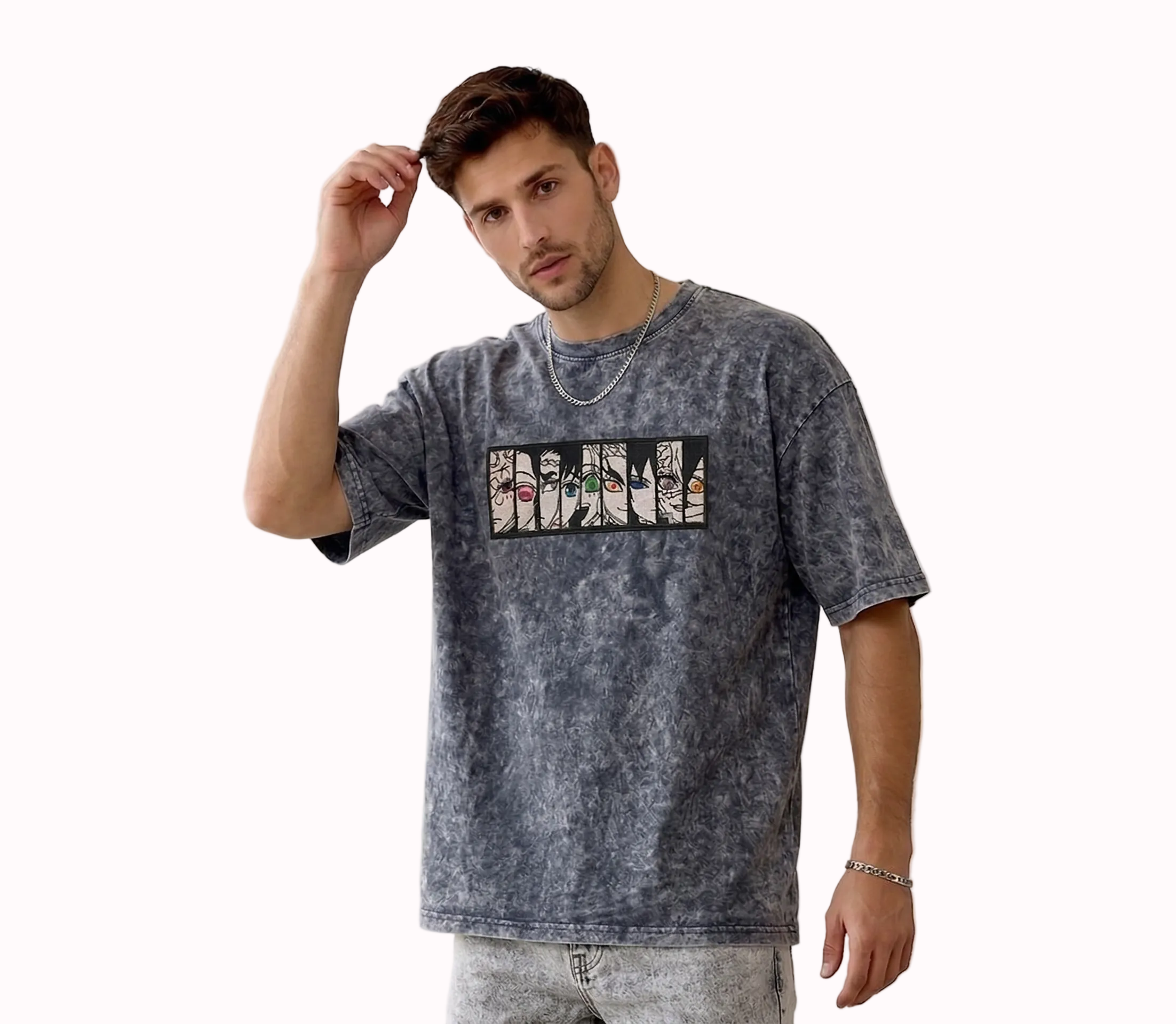 "Anetoonz premium streetwear: oversized acid-wash black T-shirt for men featuring custom anime-themed embroidery and half sleeves."