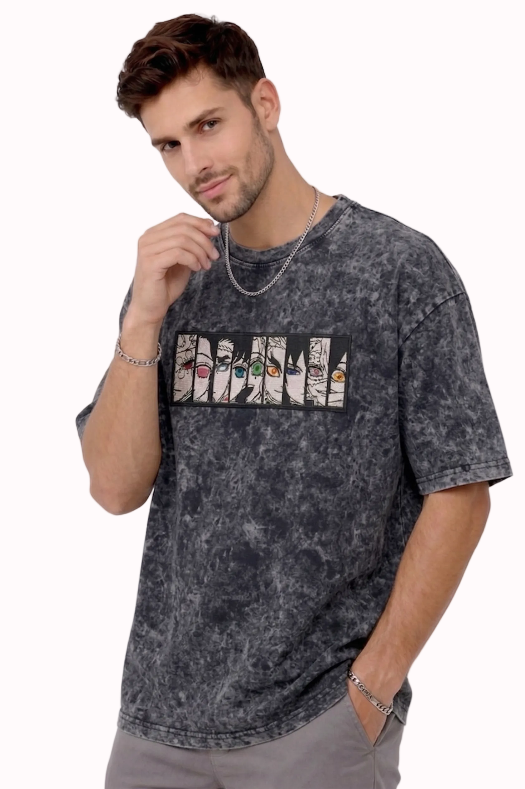 "Anetoonz premium streetwear: oversized acid-wash black T-shirt for men featuring custom anime-themed embroidery and half sleeves."