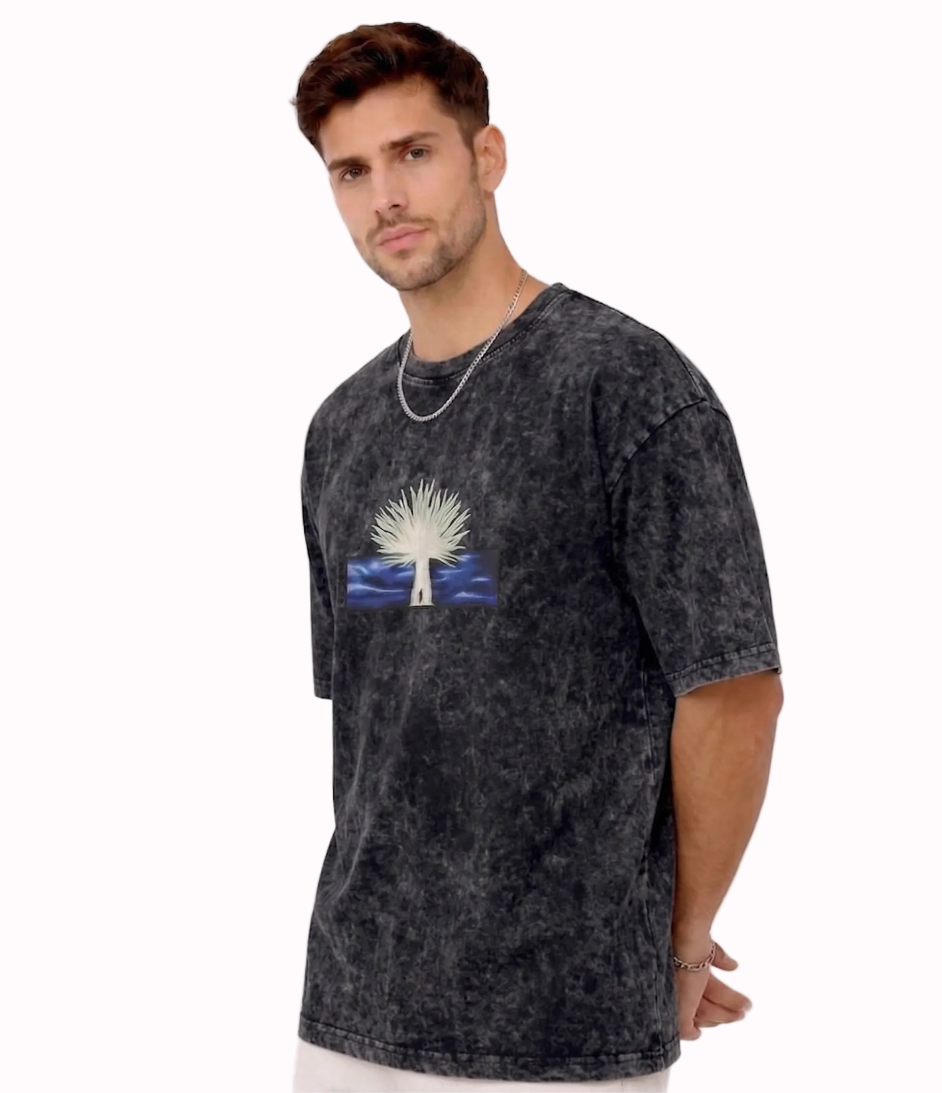 
"Anetoonz premium streetwear: oversized acid-wash black T-shirt for men featuring custom anime-inspired embroidery and half sleeves."