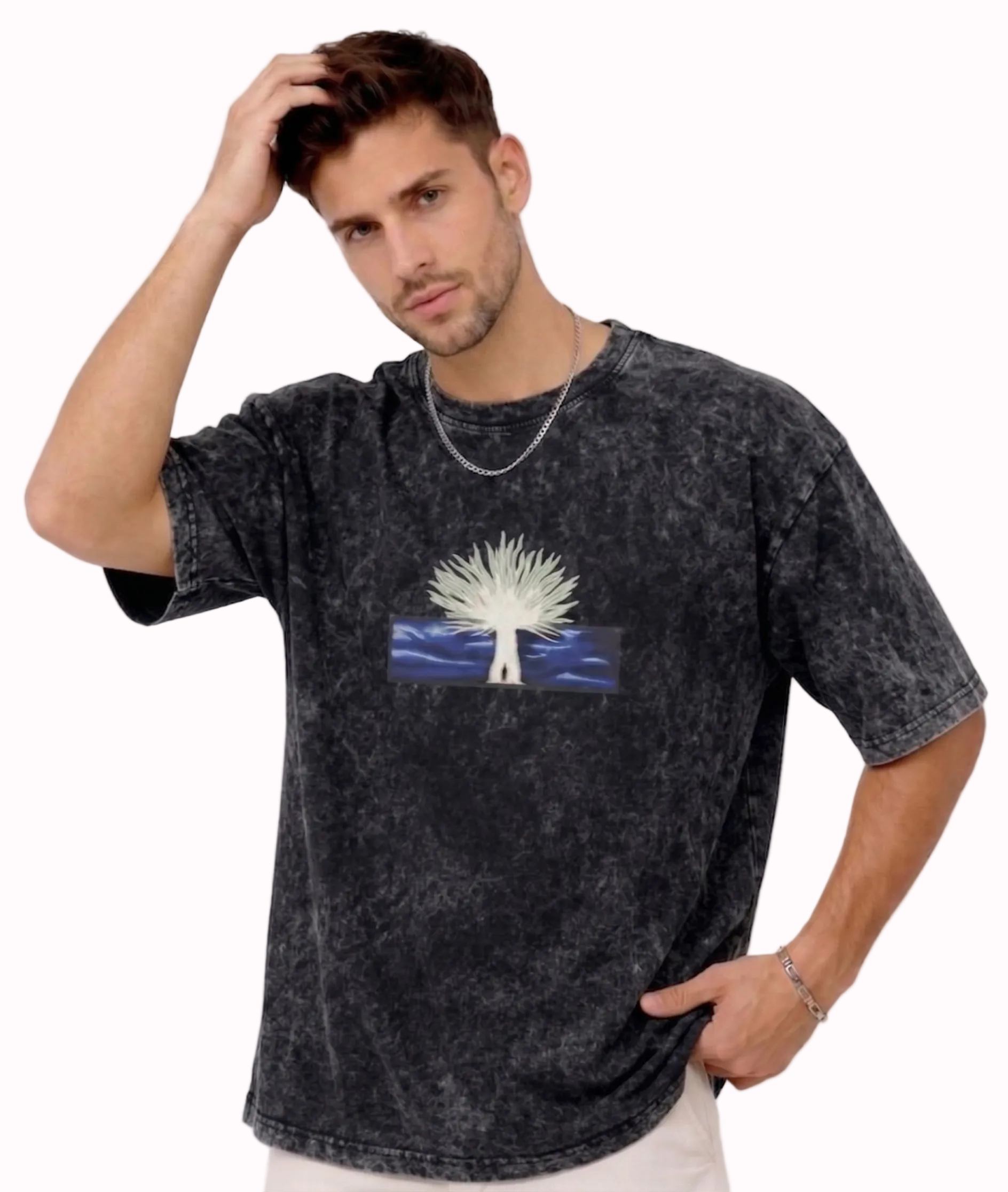 
"Anetoonz premium streetwear: oversized acid-wash black T-shirt for men featuring custom anime-inspired embroidery and half sleeves."