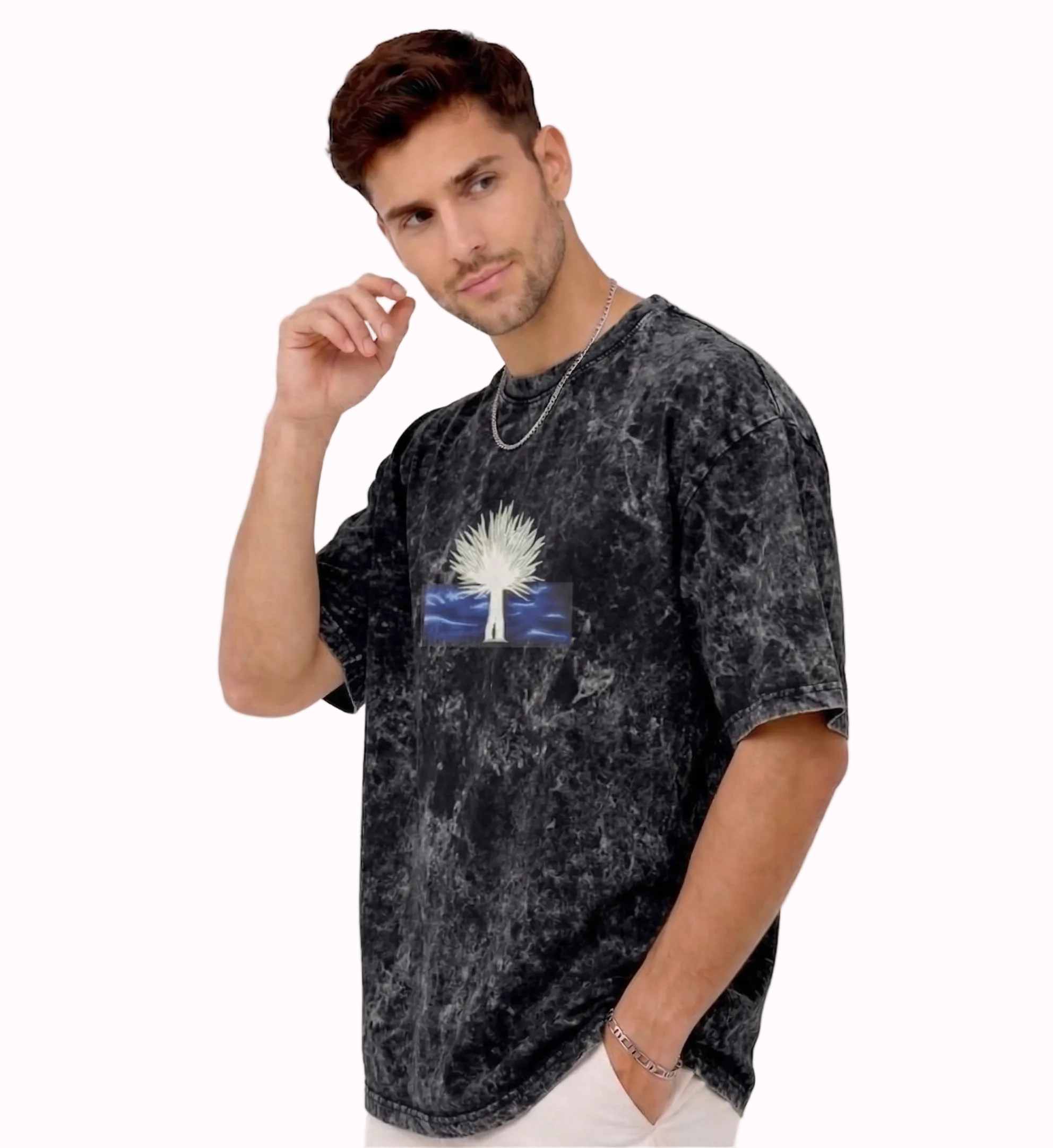 "Anetoonz premium streetwear: oversized acid-wash black T-shirt for men featuring custom anime-inspired embroidery and half sleeves."