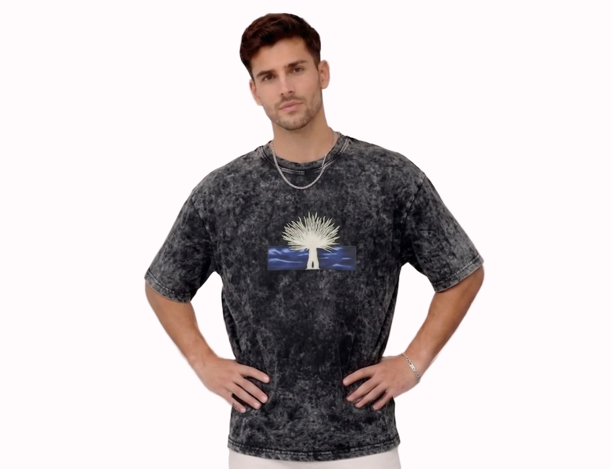 "Anetoonz premium streetwear: oversized acid-wash black T-shirt for men featuring custom anime-inspired embroidery and half sleeves."