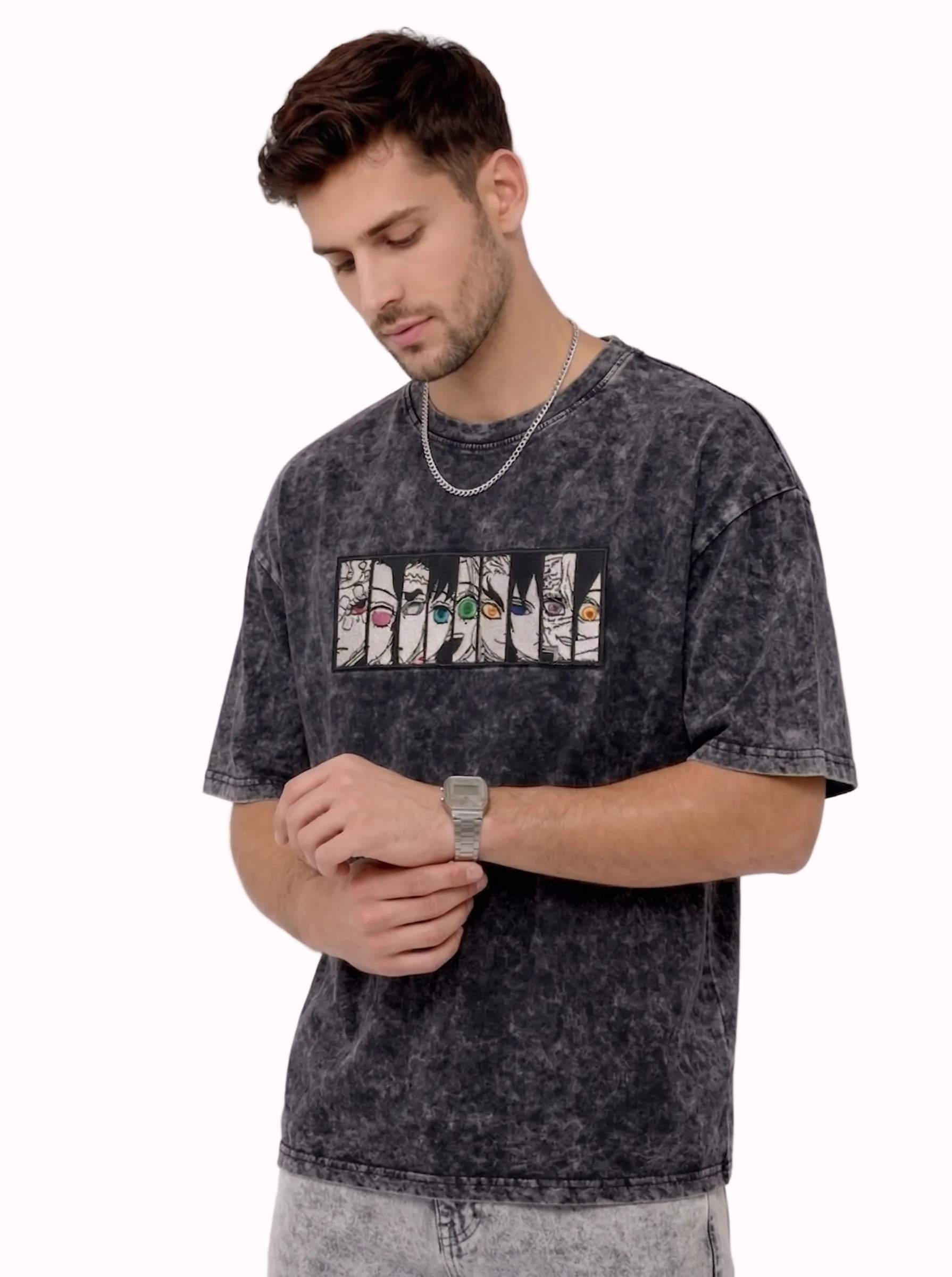"Anetoonz premium streetwear: oversized acid-wash black T-shirt for men featuring custom anime-themed embroidery and half sleeves.
