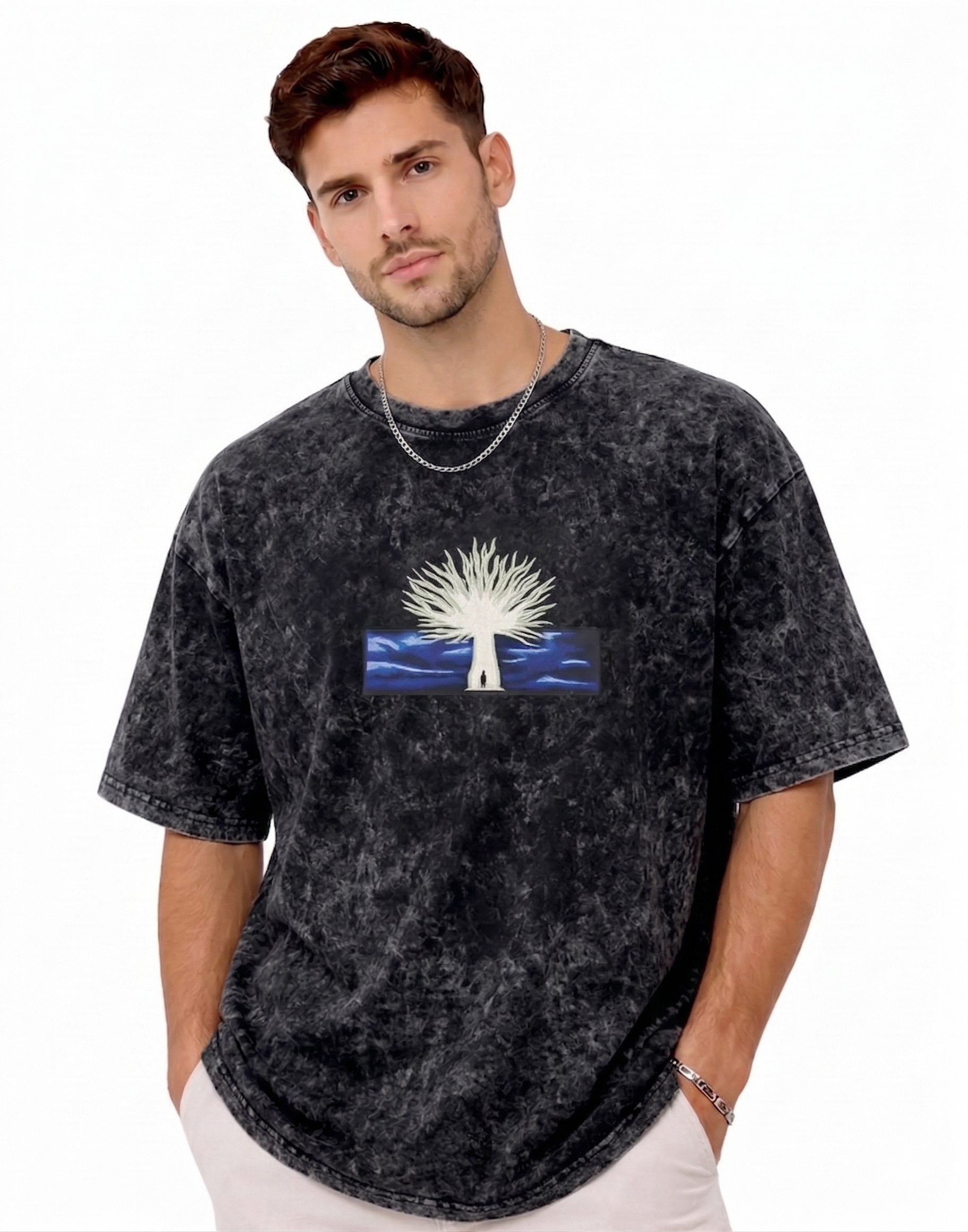 "Anetoonz premium streetwear: oversized acid-wash black T-shirt for men featuring custom anime-inspired embroidery and half sleeves."