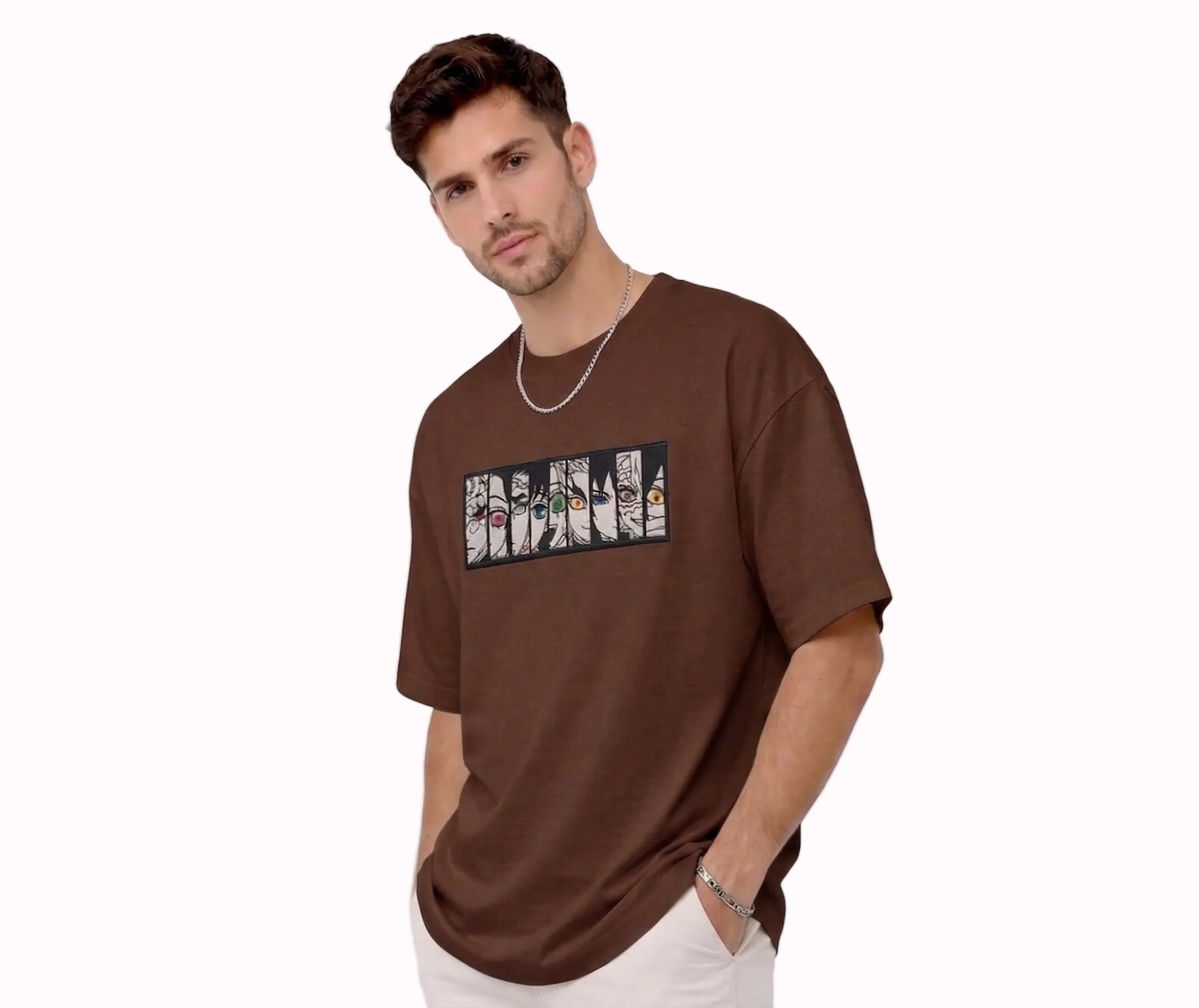 "Anetoonz premium brown oversized streetwear T-shirt for men with half sleeves and custom anime-themed embroidery."